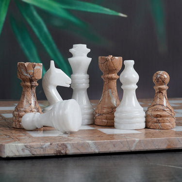 White & Marinara Natural Marble Chess Pieces-0
