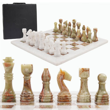 White and Green 15 Inches High Quality Onyx Marble Chess Set (With Storage Box)-1