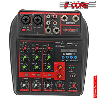 5 Core Audio Mixer Dj Mixer 4 Channel Sound Board w Built-in Effects & Usb Interface Bluetooth Karaoke Podcast Music Mixer -MX 4CH-1