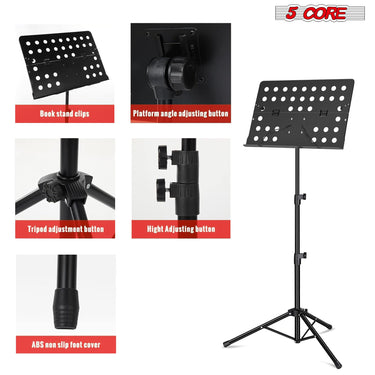 5 Core Music Stand for Sheet Music Heavy Duty Folding Portable Stands Book Clip Holder Music Accessories And Travel Carry Bag -MUS FLD HD ACC-1