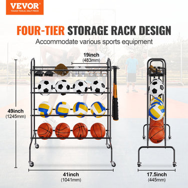 VEVOR Basketball Rack, 4-Layers Rolling Basketball Shooting Training Stand, Sports Equipment Storage Organizer with Wheels, Hooks and Baskets, Garage Ball Storage Holder for Football Soccer Volleyball-0