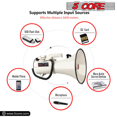 5 Core High Powered Megaphone| 50W Loud Siren Noise Maker| Professional Bullhorn Speaker| Rechargeable PA System w Recording USB SD Card -1