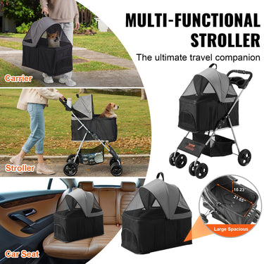 VEVOR Pet Stroller, 4 Wheels Dog Stroller Rotate with Brakes, 35lbs Weight Capacity, Puppy Stroller with Detachable Carrier, Storage Basket and Cup Holder, for Dogs and Cats Travel, Black+Dark Grey-3