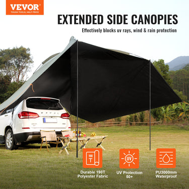 VEVOR Vehicle Awning, Large 10' x 7' Shade Coverage Car Side Awning, PU2000mm UV50+ Car Awning with Extended Side Canopies and Portable Storage Bag, Suitable for Truck, SUV, Van, Campers-0
