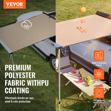 VEVOR Car Side Awning, Large 6.6' x 8.2' Shade Coverage Vehicle Awning, PU3000mm UV50+ Retractable Car Awning with Waterproof Storage Bag, Height Adjustable, Suitable for Truck, SUV, Van, Campers-0