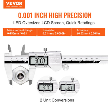 VEVOR Digital Caliper, 0-6" Calipers Measuring Tool, Electronic Micrometer Caliper w/ ABS Oringinal Zero Function, Large LCD Screen & 4 Measurement Modes, Inch & mm Conversion, Extra 2 Batteries-0