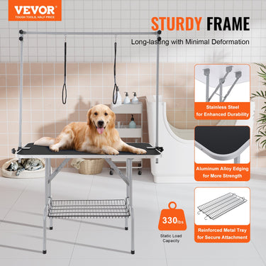 VEVOR Pet Grooming Table Two Arms with Clamp, 46'' Dog Grooming Station, Foldable Pets Grooming Stand for Medium and Small Dogs, Free No Sit Haunch Holder with Grooming Loop, Bearing 330lbs-0